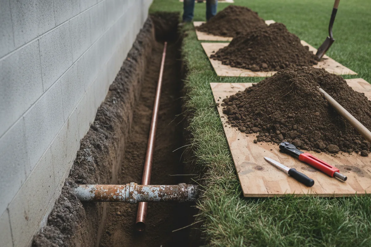 Excavated water line trench during Sewer Line Repair in Mullica Hill
